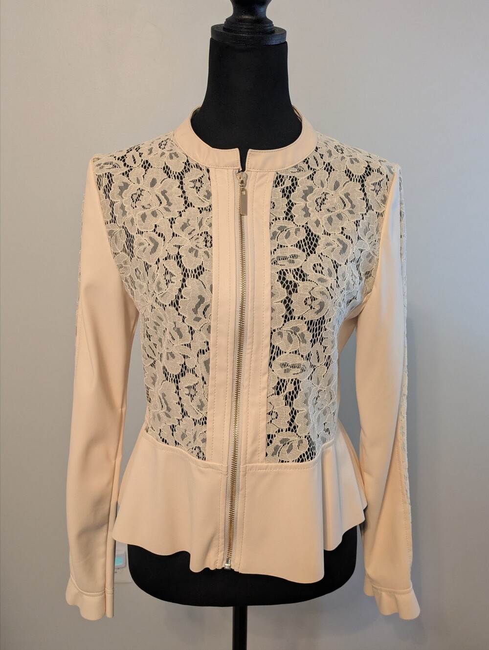 Lace Panel Cream Leather Peplum Jacket *FLAW*